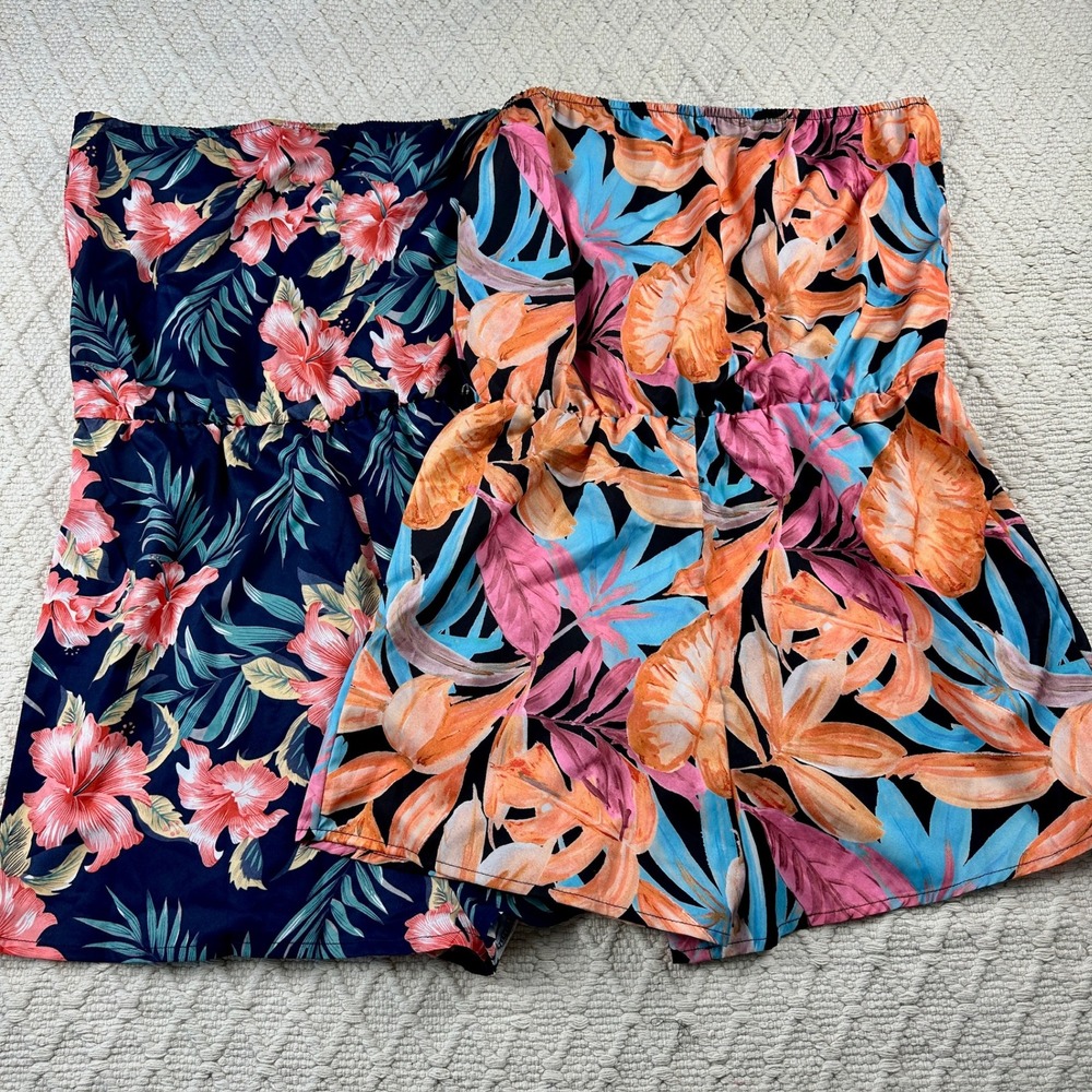 SHEIN VCAY Floral Strapless Romper Shorts Women Tropical Print 2 Rompers